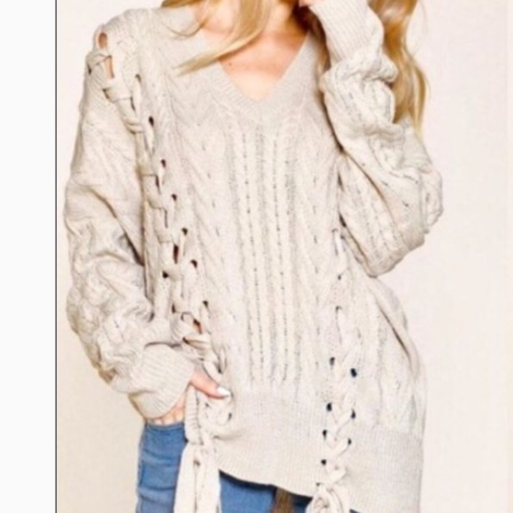 Wool Blend Double Lace Up Cable Knit Sweater Slouchy Boyfriend Fit Size Small - Picture 6 of 8